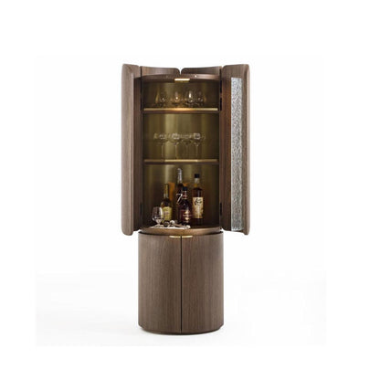 Modern Cylindrical  Bar Cabinet - Walnut Finish with Glass Panels
