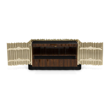 Gold Fluted Bedside Table with Black Base - Modern Luxury