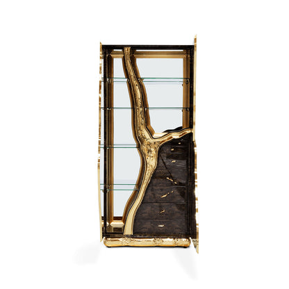 Modern Walnut Wine Cabinet with Brass Hardware & Glass Shelves