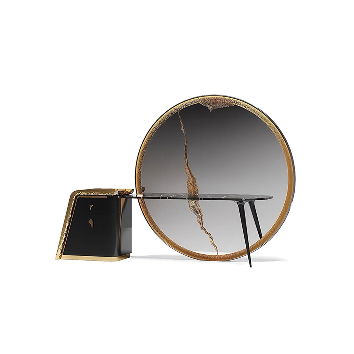 Custom-made luxury bedroom furniture, including a floor-length round mirror and LED lighting dressing table.