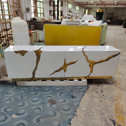 Golden stainless steel and white painted TV cabinet