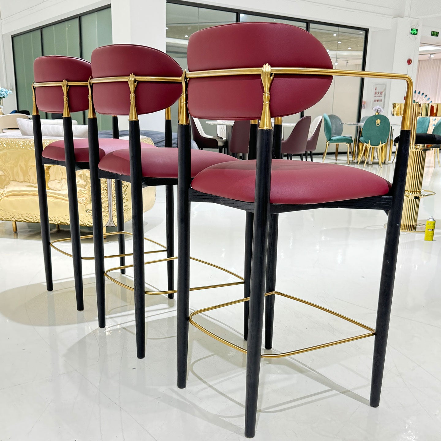 Bar stools, polished brass, microfiber leather chairs