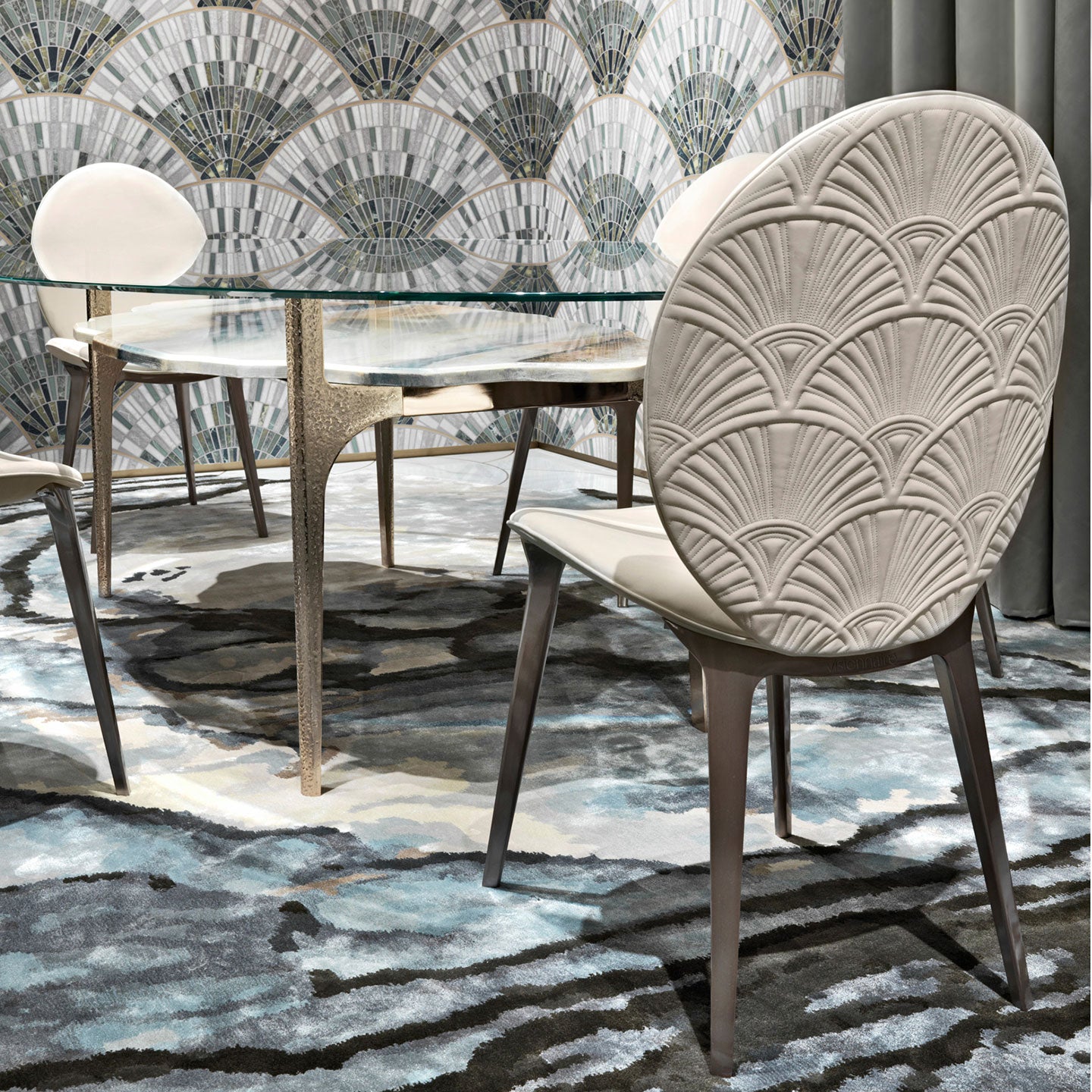 Luxury  Velvet Dining Chair with Embossed Leaf Pattern | Round Back Rose Gold Metal Legs