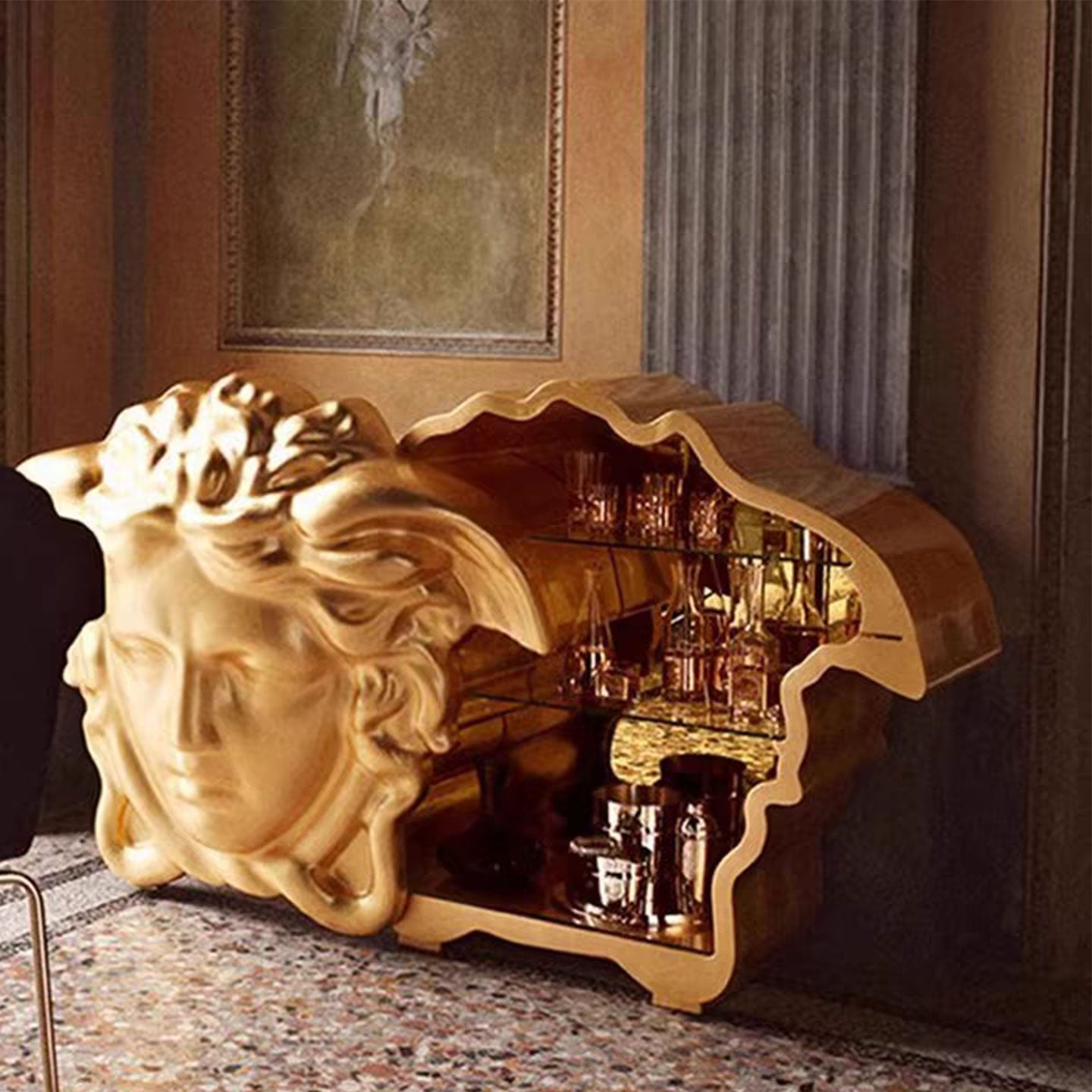Gold Medusa Head Bar Cabinet - Sculptural Statement Home Bar