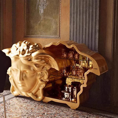 Gold Medusa Head Bar Cabinet - Sculptural Statement Home Bar