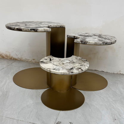Polished Gold Stainless Steel Multi-Level Coffee Table with Gold Vein Marble Top