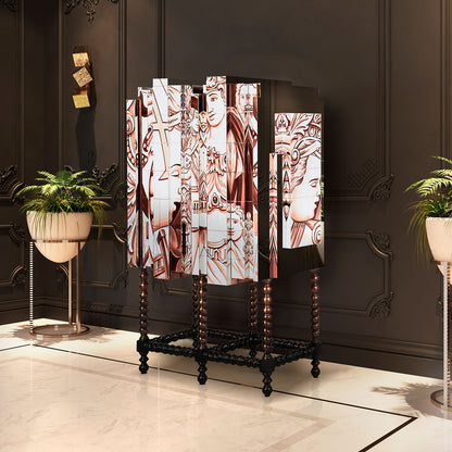 Hand-Painted Bar Cabinet with Renaissance Tile Art & Bobbin Legs