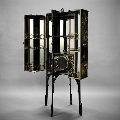 Cabinet - Bar, structure en acier noir, marqueterie de laiton patiné