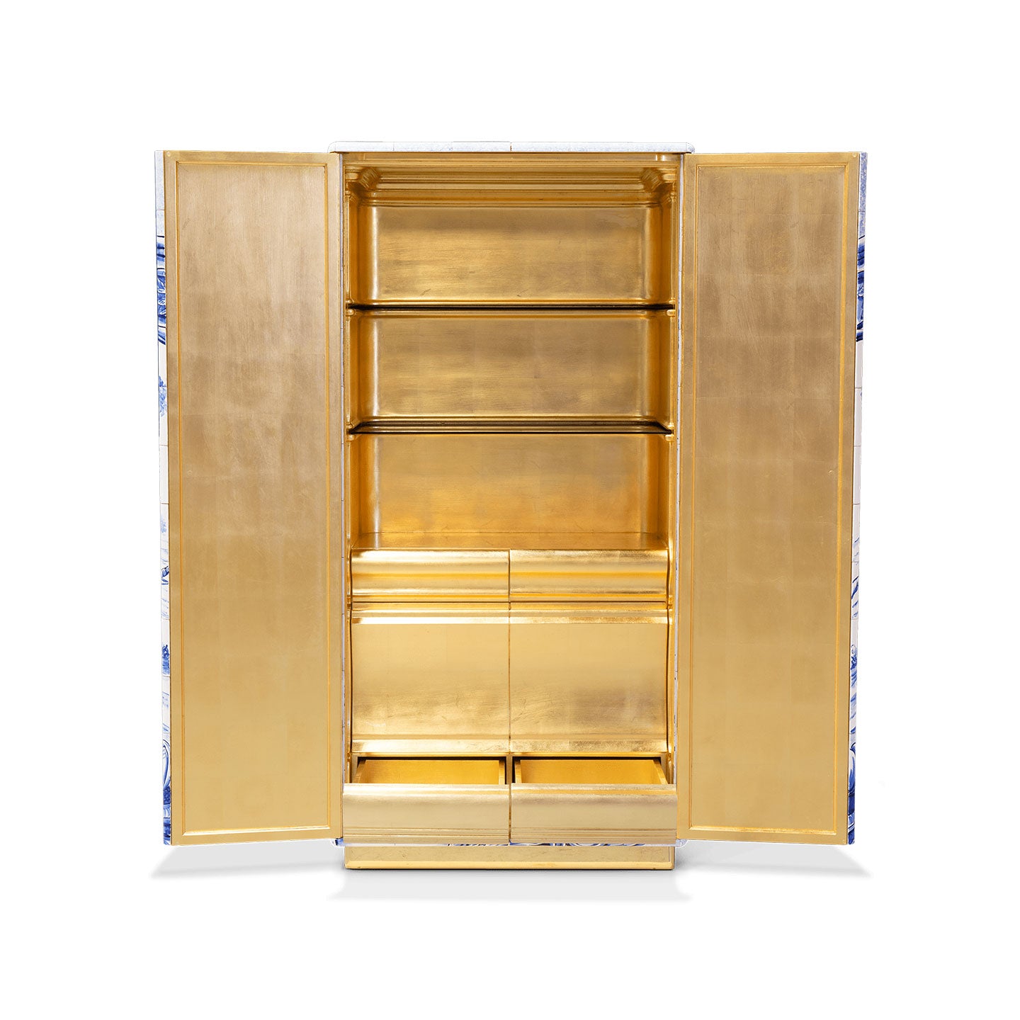 Portuguese Azulejo Tile Bar Cabinet with Gold Interior