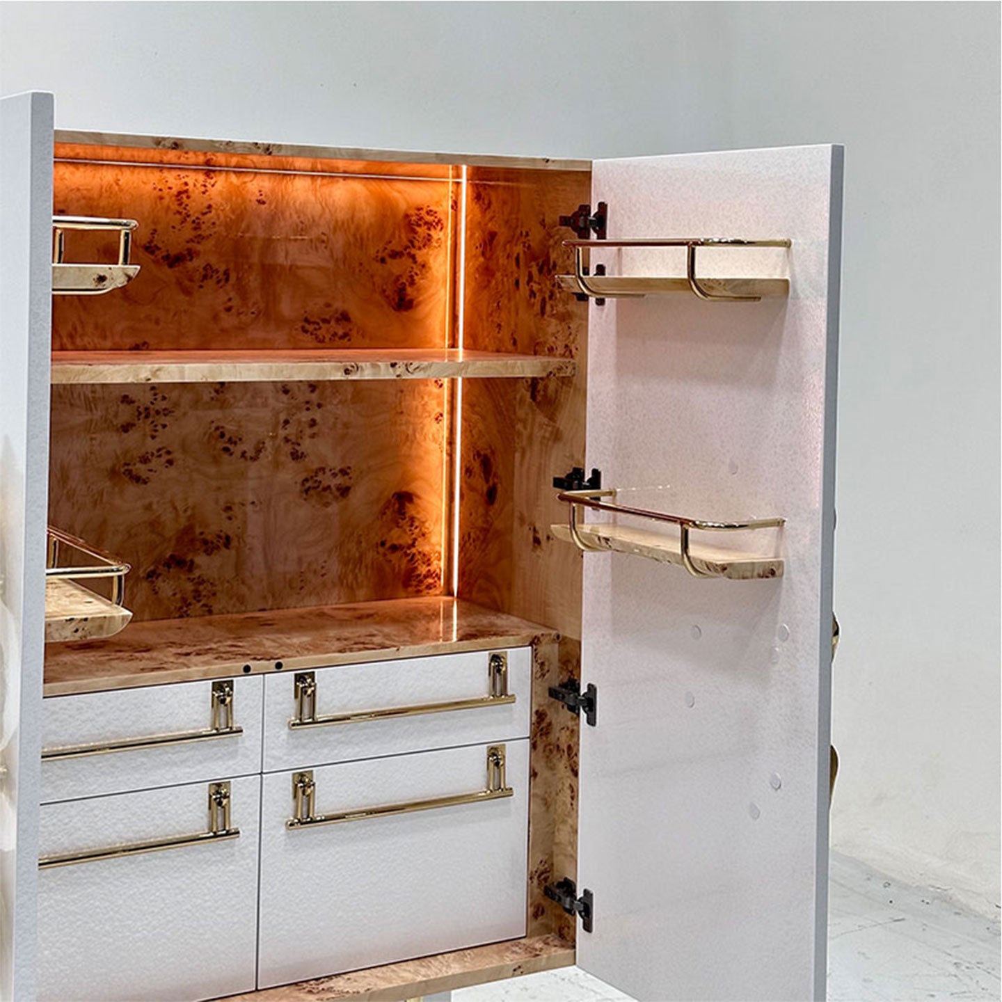 Crescent Ivory Lacquer Cabinet with Sculptural Brass Handles