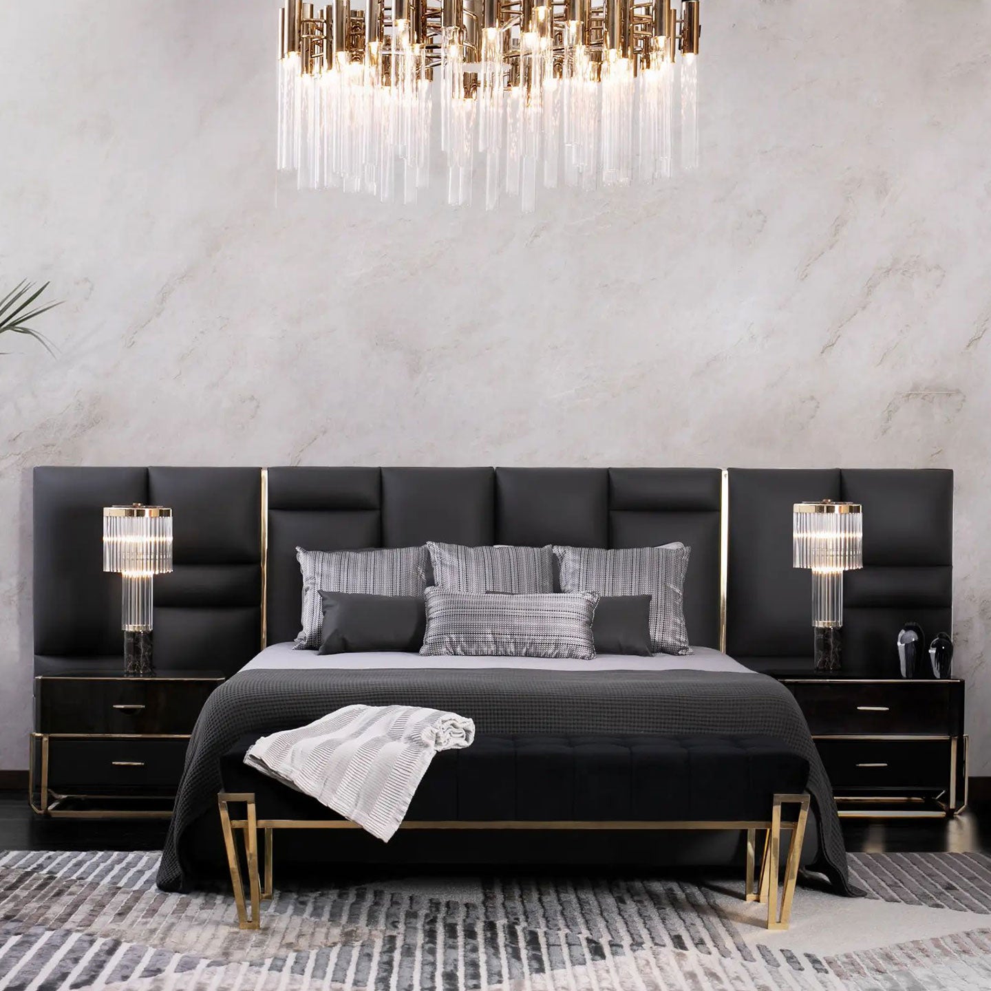 Luxury Black Velvet Bench with Gold Metal Legs