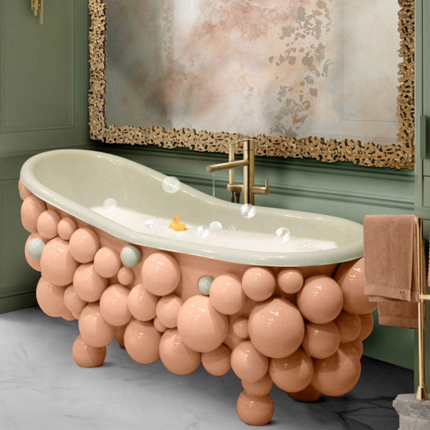Luxury bathroom with modern adult 1.8m pink freestanding bubble bath.
