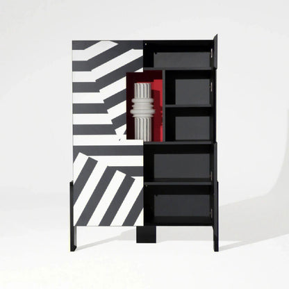 Geometric Storage Cabinet, Black White Striped  Cabinet for Living Room