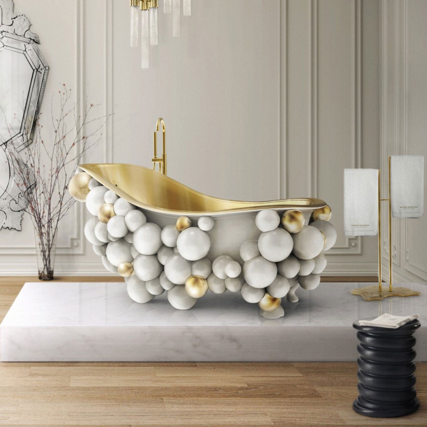 Custom modern luxury bathroom bathtub with white bubble balls and a gold interior freestanding bathtub