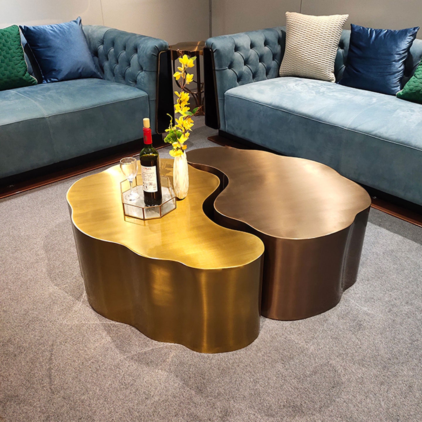 Irregular Cloud Nesting Coffee Table Set, Brushed Stainless Steel Two-Tone Gold & Bronze Center Table