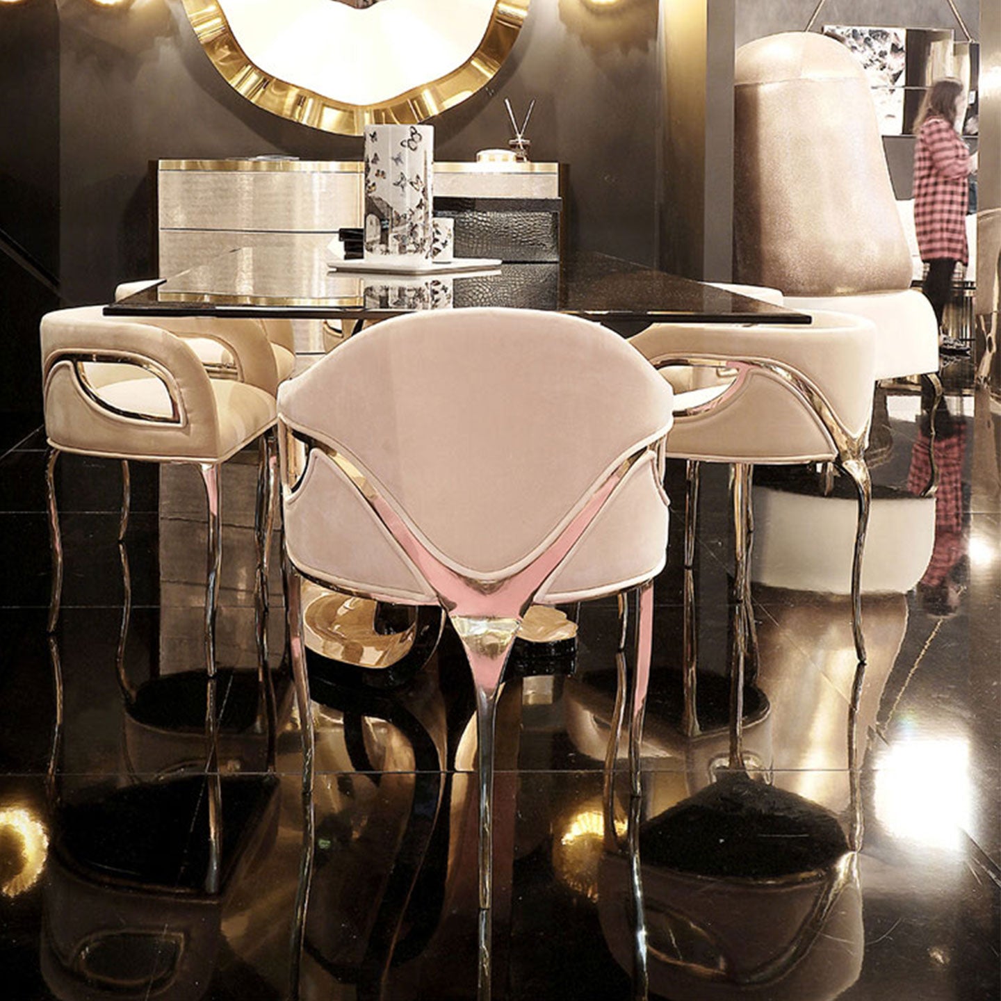 Luxury Black Velvet Armchair with Sculptural Gold Metal Frame | Modern Curve Dining Chair