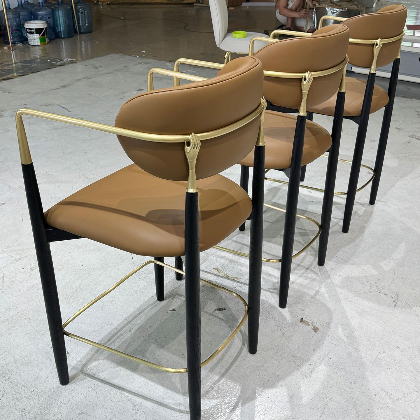 Bar stools, polished brass, microfiber leather chairs