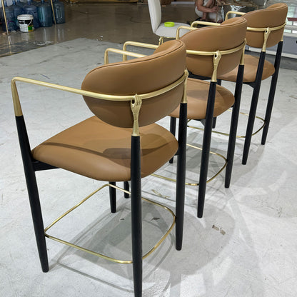 Bar stools, polished brass, microfiber leather chairs