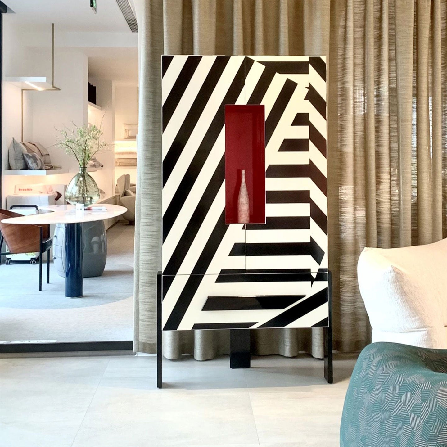 Geometric Storage Cabinet, Black White Striped  Cabinet for Living Room