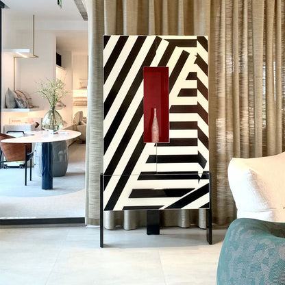 Geometric Storage Cabinet, Black White Striped  Cabinet for Living Room