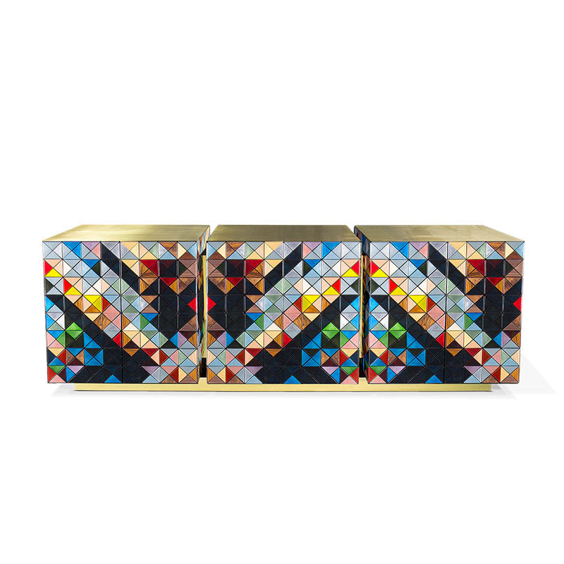 Multicolor Geometric Mosaic Sideboard Polished Gold Frame 3 Door Luxury Buffet Cabinet