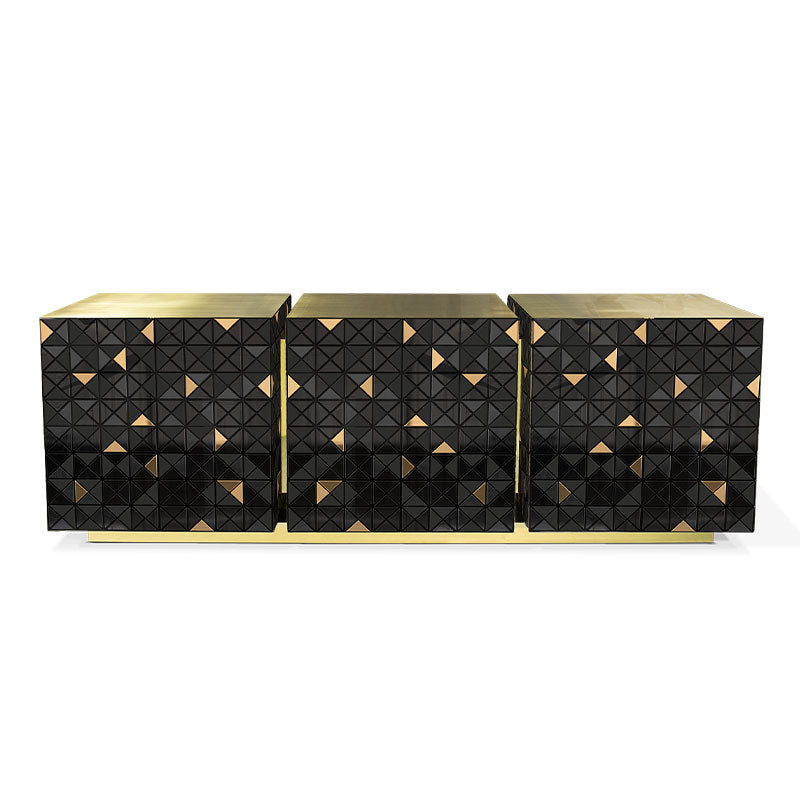 Multicolor Geometric Mosaic Sideboard Polished Gold Frame 3 Door Luxury Buffet Cabinet