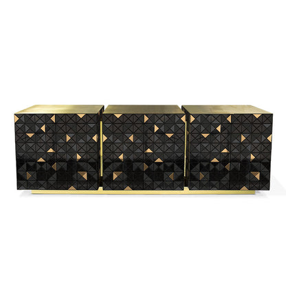 Multicolor Geometric Mosaic Sideboard Polished Gold Frame 3 Door Luxury Buffet Cabinet