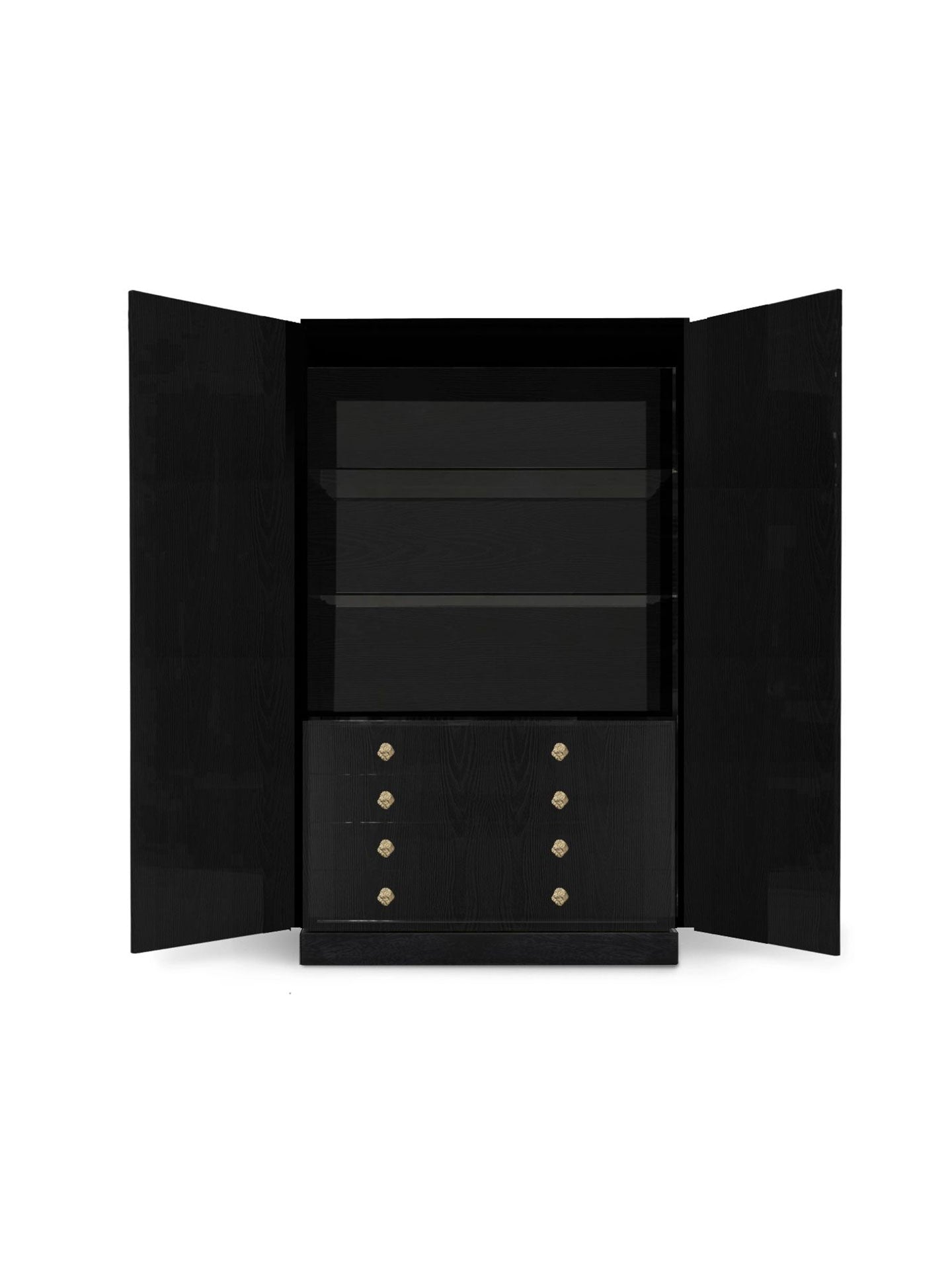 Armoire Black Radiant Textured Wood Wardrobe with Gold Leaf Hardware & Storage Drawers