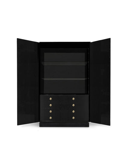 Armoire Black Radiant Textured Wood Wardrobe with Gold Leaf Hardware & Storage Drawers