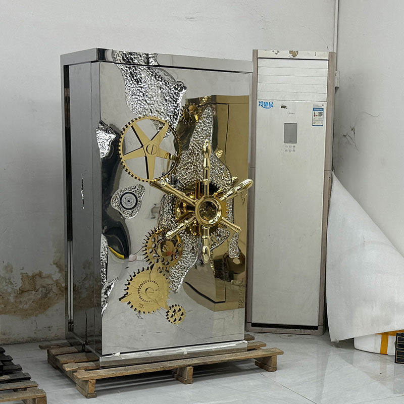 Luxury Gold  Safe Cabinet with Exposed Gears and Clockwork Mechanisms