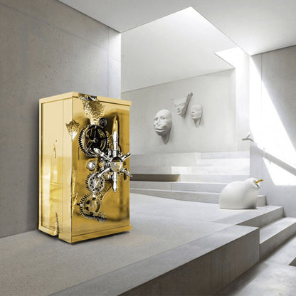 Luxury Gold  Safe Cabinet with Exposed Gears and Clockwork Mechanisms