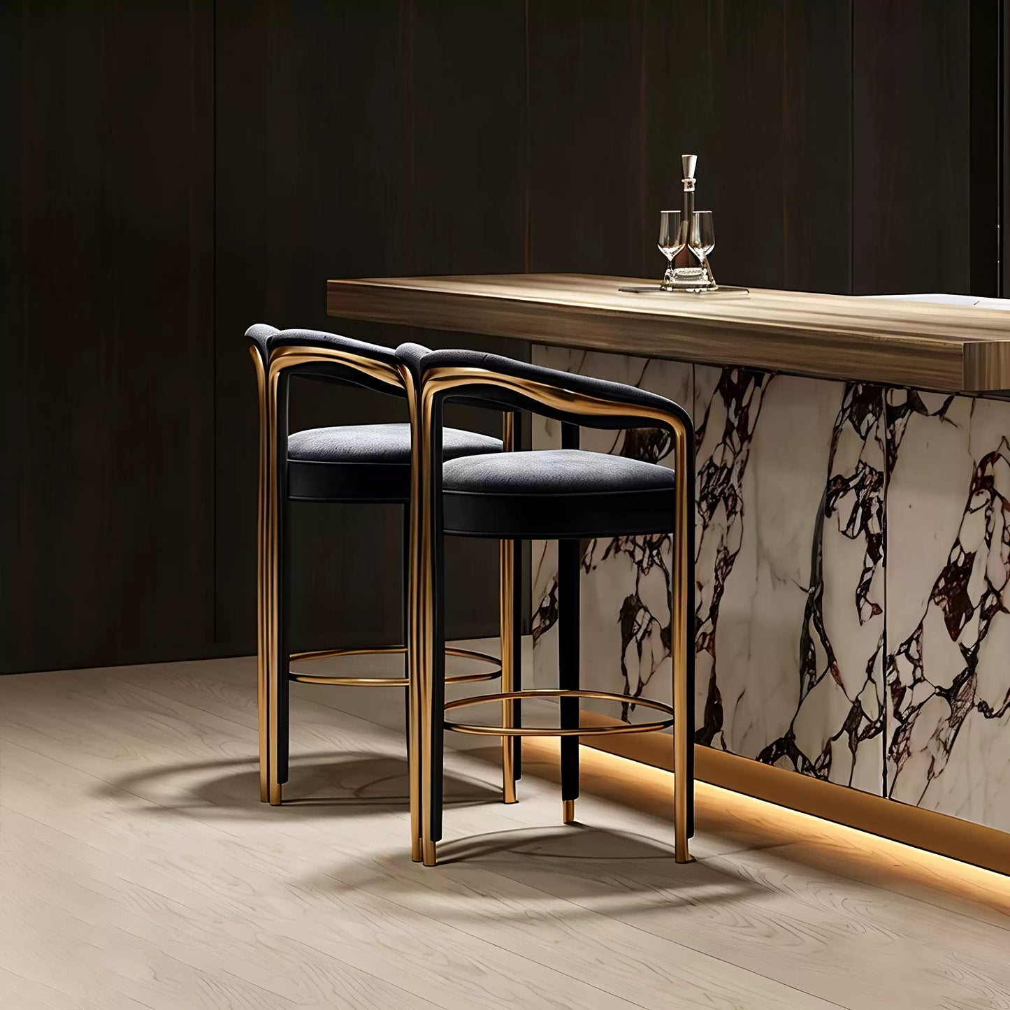 Green Velvet Counter Bar Stool with Gold Metal Accent, Modern Luxury Curved Arm Bar Chair