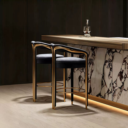 Green Velvet Counter Bar Stool with Gold Metal Accent, Modern Luxury Curved Arm Bar Chair