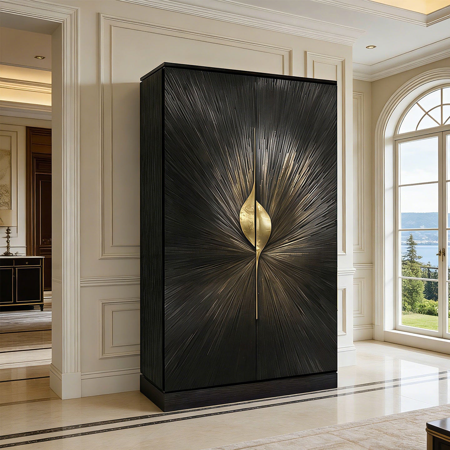 Armoire Black Radiant Textured Wood Wardrobe with Gold Leaf Hardware & Storage Drawers