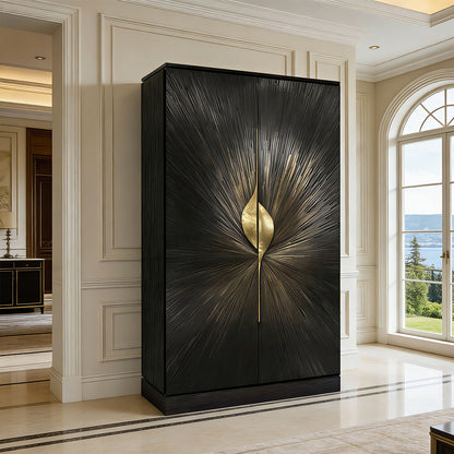 Armoire Black Radiant Textured Wood Wardrobe with Gold Leaf Hardware & Storage Drawers