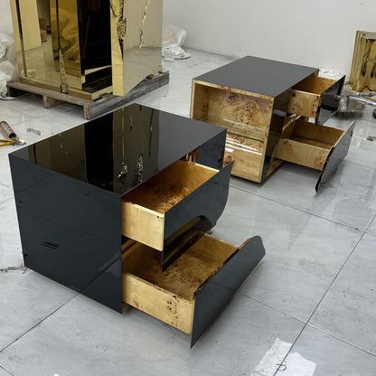 Modern Mirrored Nightstand with Gold Sculptural Accent