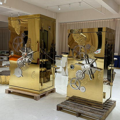 Luxury Gold  Safe Cabinet with Exposed Gears and Clockwork Mechanisms