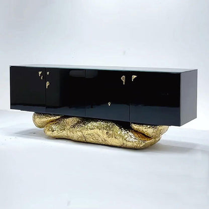 Gloss Black Sideboard with Crinkled Gold Rock Base Luxury 4-Door Storage Cabinet