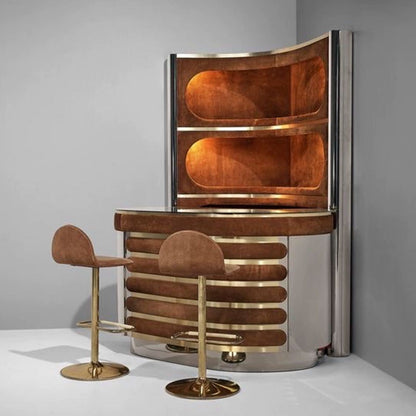 Mirrored triangular wine cabinet Bar Gold Brass and Suede LED Illuminated