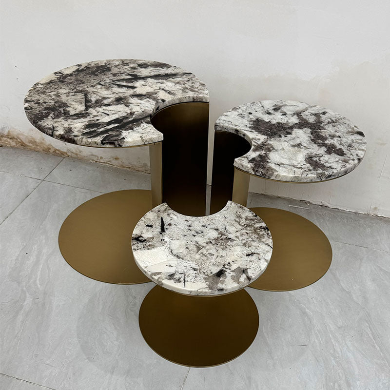 Polished Gold Stainless Steel Multi-Level Coffee Table with Gold Vein Marble Top