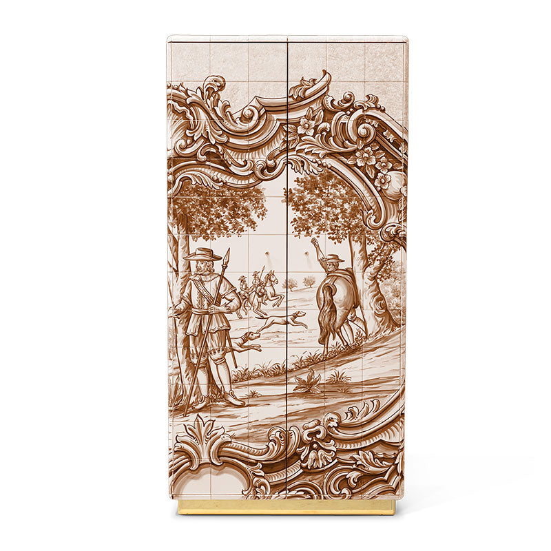 Portuguese Azulejo Tile Bar Cabinet with Gold Interior