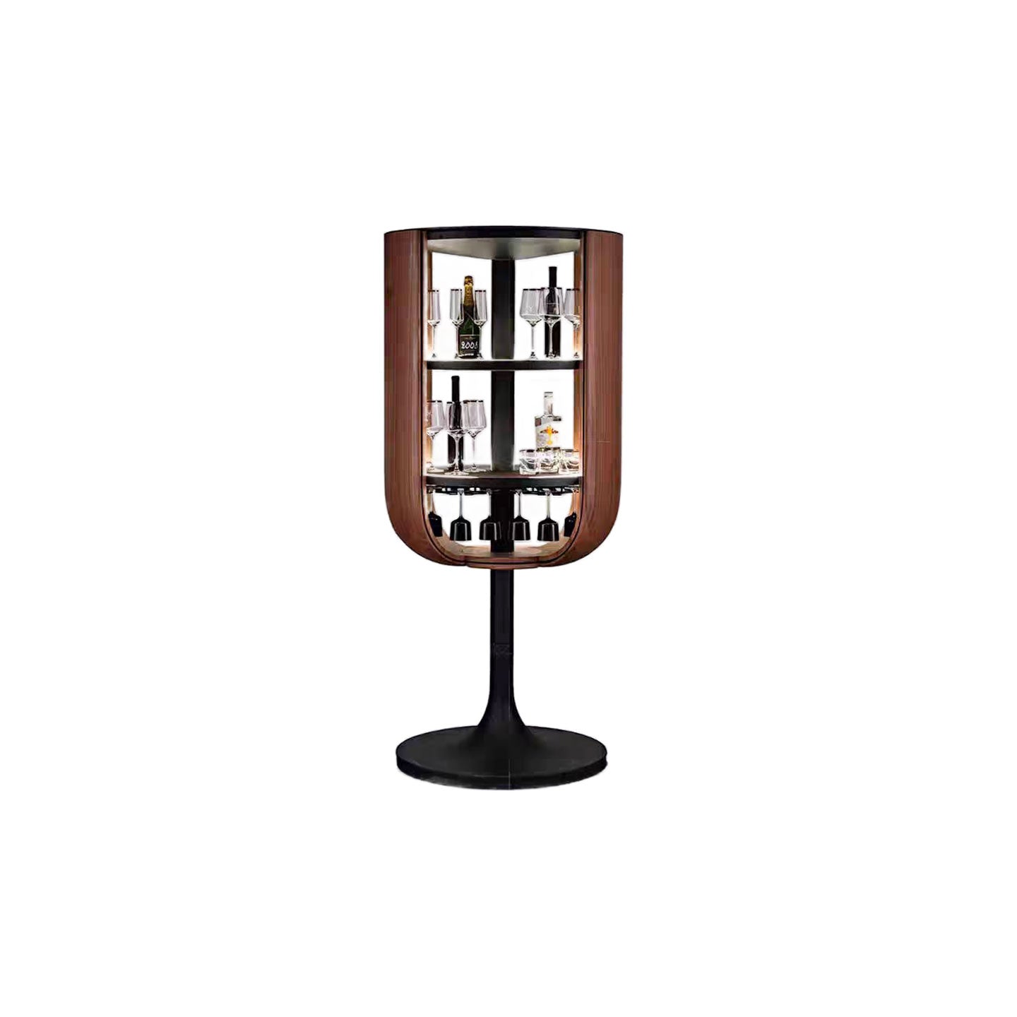 Walnut veneer wine cabinet with rotating doors and built-in LED lights