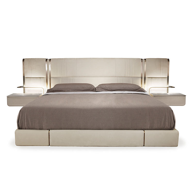 Modern Luxury Upholstered Bed, Beige Velvet Bed Frame with Gold Metal Trim Bedroom Set