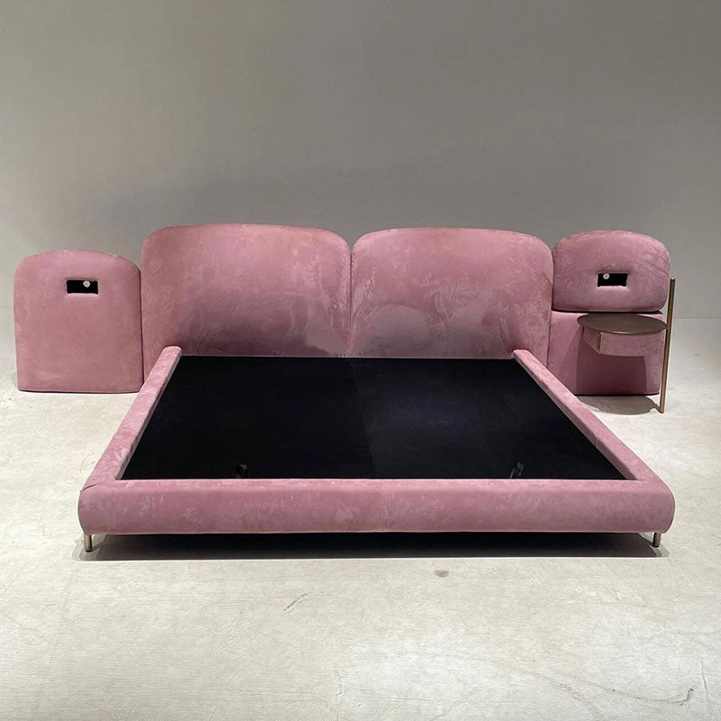 Pink Velvet Upholstered Bed with Integrated Nightstands, Curved Bubble Designer Platform Bed Frame