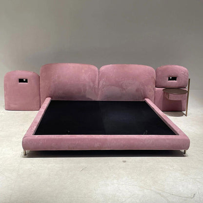 Pink Velvet Upholstered Bed with Integrated Nightstands, Curved Bubble Designer Platform Bed Frame