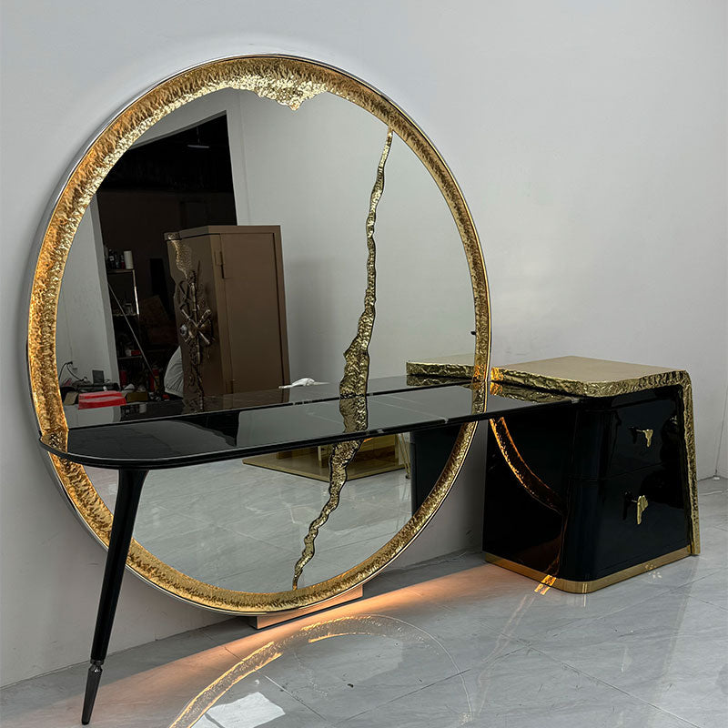 Custom-made luxury bedroom furniture, including a floor-length round mirror and LED lighting dressing table.