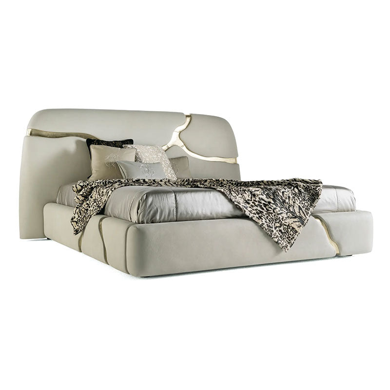 White Upholstered Platform Bed with Abstract Gold Stainless Steel Inlay Luxury Bed Frame