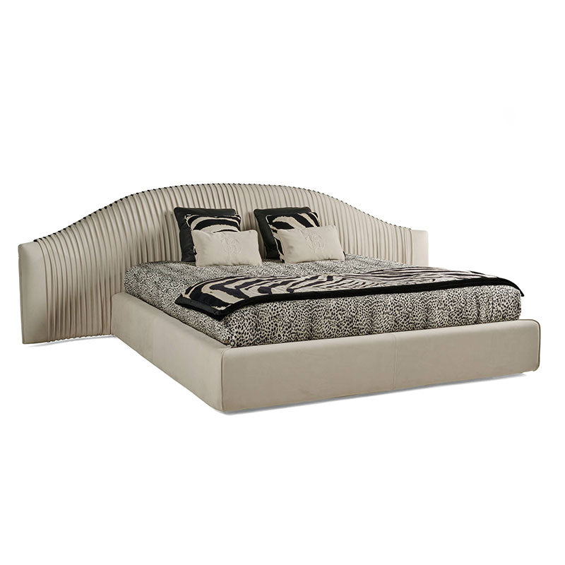 Arched Vertical Pleated Leather Upholstered Bed, Curved Tufted Luxury Platform Bed Frame