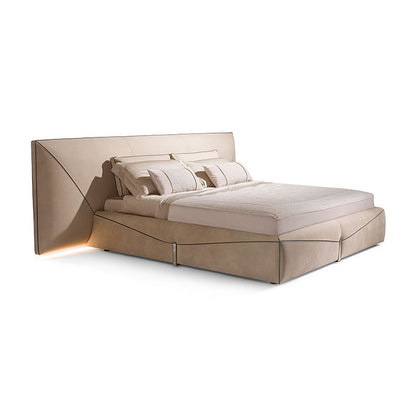 Modern Geometric Upholstered Bed, Oversized Wing Headboard Bed Frame with Ambient LED Light