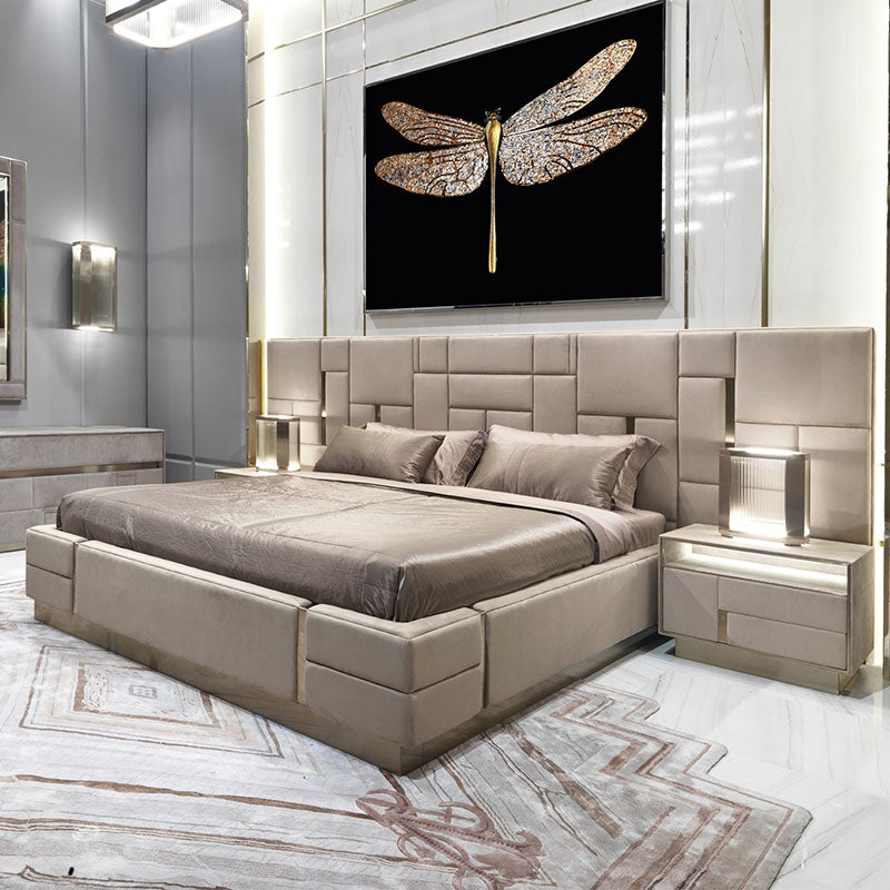 Geometric Block Tuft Upholstered Bed with LED Nightstands, Luxury Metal Trim Platform Bed Frame